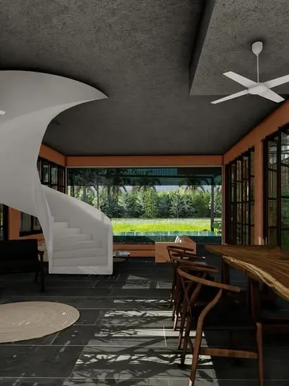 A design render for the Corgao Villa's interior, featuring a sculptural spiral staircase. The design combines modern forms with natural materials like wood and stone.