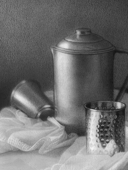 A finished still life drawing, "Echoes of Everyday." Mastering how light reflects on different surfaces like metal and cloth is a key part of my curriculum. We learn to see and draw the beauty in simple, everyday objects.