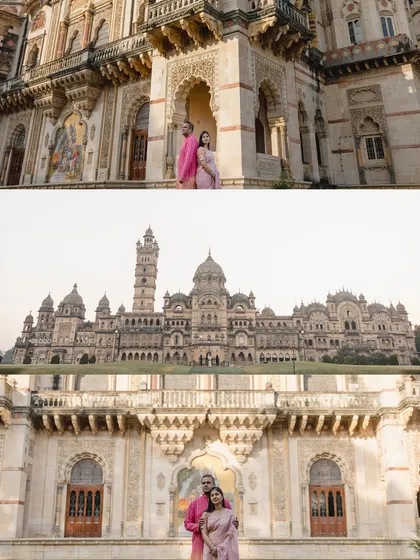 Set against the royal grandeur of Vadodara's Laxmi Vilas Palace, their pre-wedding portraits feel timeless. I love using majestic architecture as a backdrop to frame a couple's modern love story, creating images that feel like they belong in a history book.