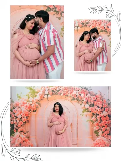 This artistic collage highlights several beautiful moments from a couple's shoot. The soft, hand-drawn floral elements echo the theme of the backdrop and add a touch of custom elegance.