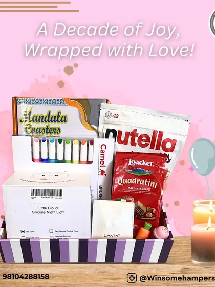 A decade of joy, wrapped with love. This 10th birthday hamper includes a Mandala coaster art set, a cloud-shaped night light, Nutella, and other fun treats.