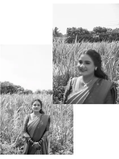A black and white collage of the bride in a natural field setting, creating a classic and nostalgic mood.