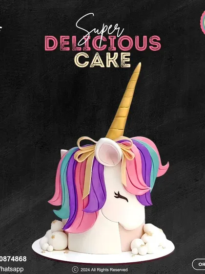 A truly enchanting unicorn cake designed to bring a little magic to your party. This piece features a beautifully sculpted unicorn with a vibrant, multi-colored mane, making it a dreamy centerpiece.