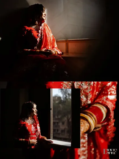 A collage of the bride's portraits, beautifully lit by sunlight coming through a window. It captures her anticipation and elegance.