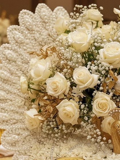 A detailed look at the pearl and floral centerpiece, where the texture of the pearls mimics the plumage of a peacock. This is a prime example of bespoke, artistic event design.