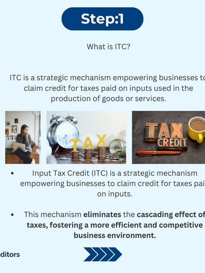 Step 1: What is ITC? This graphic explains that ITC is a credit businesses can claim for taxes paid on goods or services used in production, which helps eliminate the cascading effect of taxes.