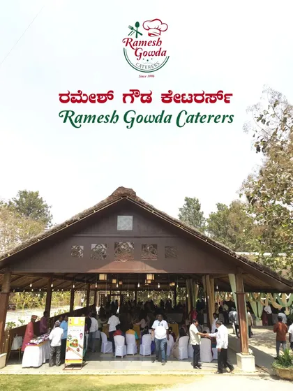This is the setup for a traditional 'beegara oota' at a beautiful outdoor venue. We handle everything from table arrangements to the final service.