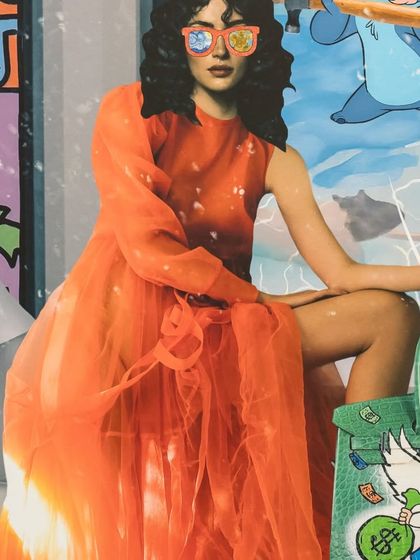 A detail of the central figure in "The Museum Heist," her modern fashion a stark contrast to the chaotic pop-art world erupting around her.