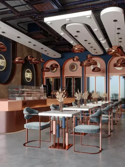 This view of the "Rust Cafe" shows the unique, cloud-like copper pendant lights and arched wall details, creating a futuristic yet warm ambiance.