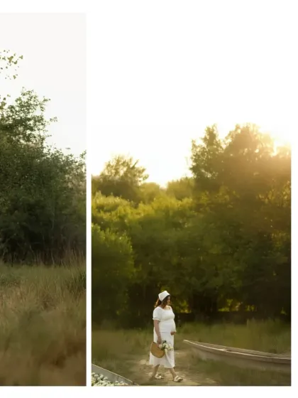 A collage showing the couple's journey through a natural landscape, from walking hand-in-hand to a quiet moment by a boat, all under the golden sun.