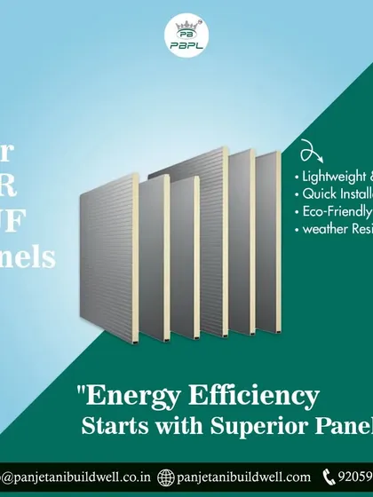 This graphic highlights the features of our PIR and PUF panels. We focus on delivering superior energy efficiency through lightweight, durable, and weather-resistant panels that are easy to install.