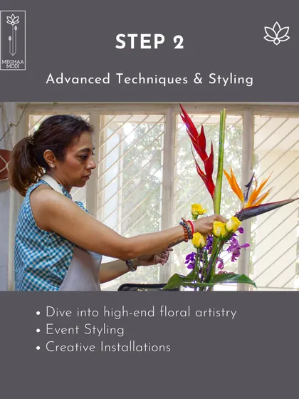 A student works on an advanced Ikebana-inspired piece. This shows the progression from fundamentals to high-end floral artistry, including event styling and creative installations.