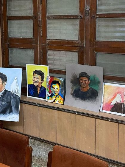 A collection of my portraits honoring the late Puneeth Rajkumar, displayed during the flower show competition. Each piece attempts to capture a different facet of his personality.