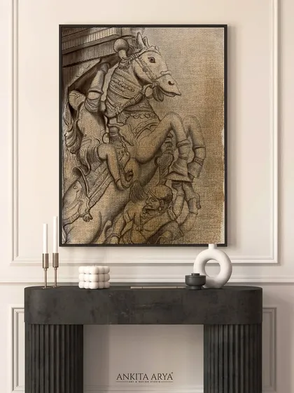This artwork features a digitally illustrated ancient stone carving of a horse and rider. The design captures the texture and detail of Indian temple architecture, presented as a framed piece for a modern space.