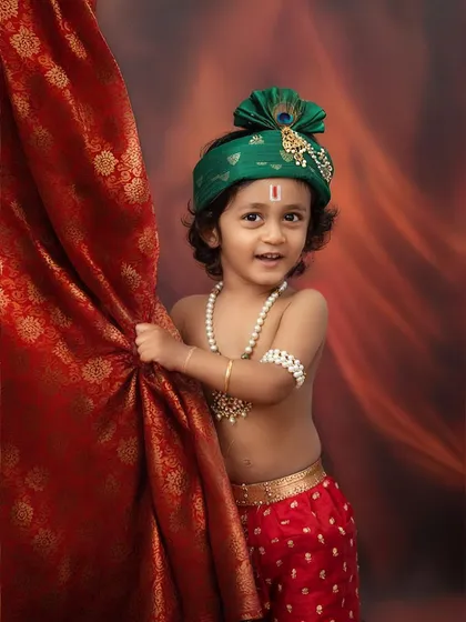 Our Little Krishna photoshoots are a timeless tradition for many families. We focus on creating classic, divine portraits that you will cherish for a lifetime, complete with authentic costumes and props.