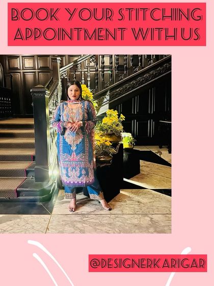 A client looking regal in a custom-stitched blue printed suit. Book an appointment to get your own designer outfit made.