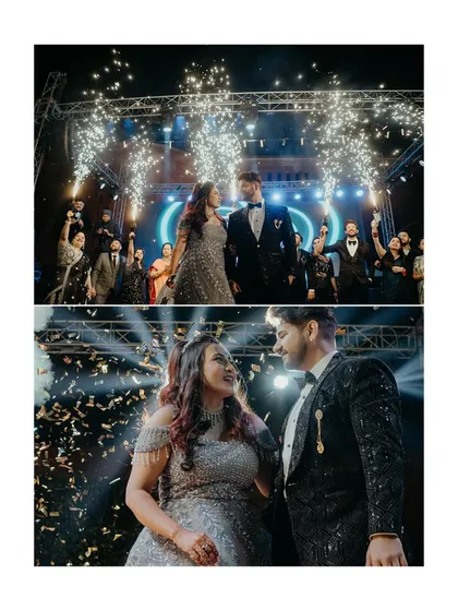 A diptych of the couple's grand stage entrance at their reception. The fireworks and their happy expressions create a truly spectacular and memorable moment.