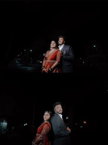 A collage of night-time shots showing a couple in their reception attire. The dramatic lighting and their elegant outfits create a glamorous feel.