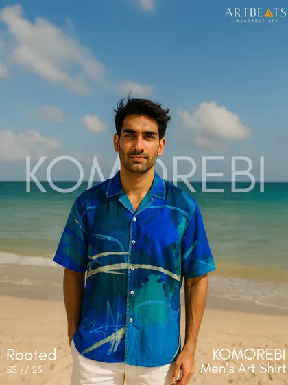 A portrait of a model wearing the Komorebi Men's Art Shirt. The vibrant blues and greens of the abstract print stand out, making it a true statement piece.