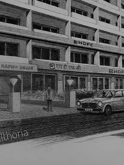 A detail shot of the Ramon House drawing, focusing on the vintage car and the entrance.