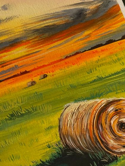 Another angle of the haystack landscape, showing the beautiful contrast between the warm sky and the cool shadows on the ground.