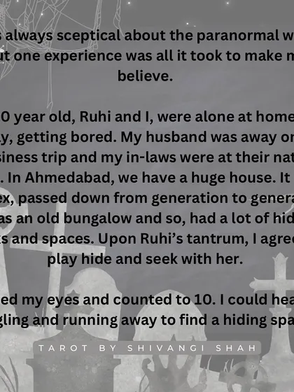 A mother's story of playing hide and seek with her daughter and encountering a large, inhuman shadow in a locked room.