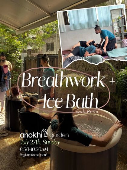 A collage from our Breathwork and Ice Bath session with Rumi. It captures the journey from guided breathing on the mat to the empowering experience of the ice immersion itself.