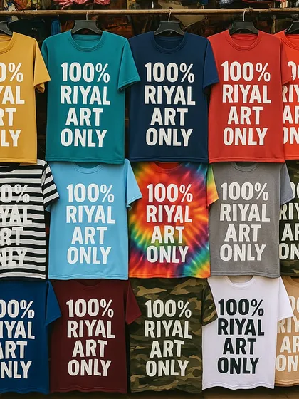 A street vendor stall selling t-shirts with the slogan '100% RIYAL ART ONLY'. This is a playful, self-referential piece from my 'Riyal Life' series, commenting on authenticity in the age of AI.