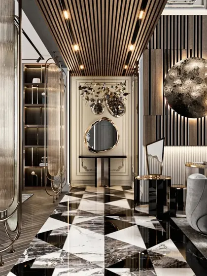 This image captures a sophisticated play of patterns and textures. The geometric black and white marble floor, fluted wood ceilings, and reflective wall art come together to create a dynamic and luxurious entryway or hallway.