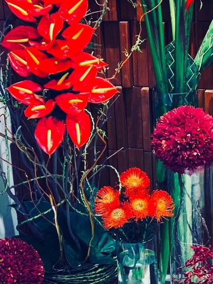 A bold and dramatic arrangement in a vase. The striking red anthuriums and proteas are combined with twisted branches to create a powerful and artistic statement piece.