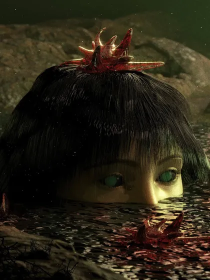 A simple but unsettling piece titled 'DROWNED'. The image of a head with glowing green eyes emerging from murky water, crowned with something sharp and bloody, creates a quiet and creepy horror moment.