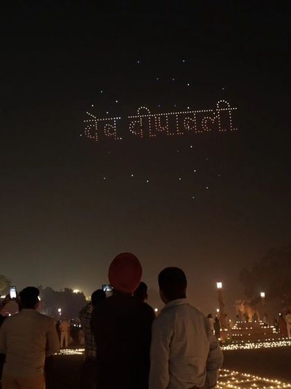 The words 'Dev Deepawali' written in the sky over Delhi. Our show at Vasudev Ghat was a night where tradition met technology, celebrating the festival of lights in a grand new way.