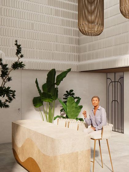 The terrace bar area is a calm counterpoint to the vibrant interiors, with a wavy, sand-colored bar and natural textures.