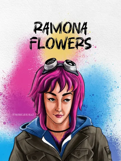 My illustration of Ramona Flowers from Scott Pilgrim, set against a colorful spray paint background. This version feels energetic and matches the vibrant, chaotic energy of the comics and movie.