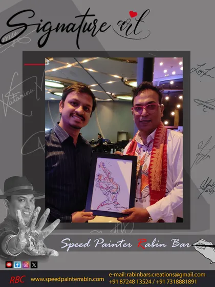 Posing with a happy client and his framed signature art at an event in Delhi. I created 450 such pieces in just two days.