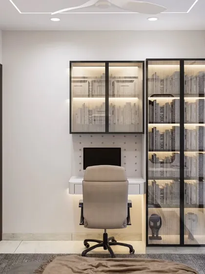 This home office and library concept was designed for focus and organization. It features floor-to-ceiling bookshelves with fluted glass doors and internal lighting, paired with a minimalist floating desk. It’s a perfect solution for creating a productive workspace within a bedroom without sacrificing style.