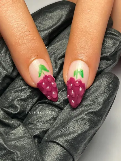 A detailed look at the grape nails from the fruit salad set. Each tiny grape was painted individually to create depth and dimension.