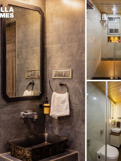 A collage of a minimalistic bathroom design, featuring dark grey tiles, a black-and-gold basin, and a separate glass shower enclosure.