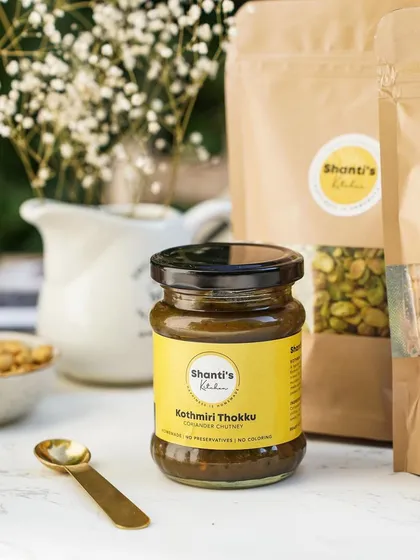 This is my Kothmiri Thokku, a versatile coriander chutney that is spicy, tangy, and a little sweet. I make it with fresh coriander and my own blend of spices. You can spread it on a roti, mix it with rice, or use it as a dip for my crisp murukkus.