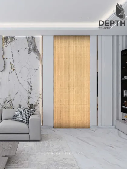 This living room combines a clean, white marble floor with a warm, wood-textured veneer panel. The contrast creates a balanced and visually interesting interior.
