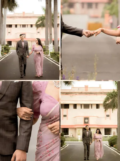 A collage capturing a couple's walk through a park, focusing on the details of their connection.