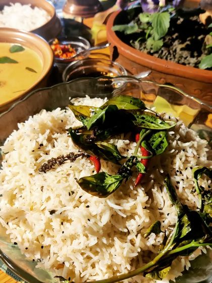 Our Crackling Basil Thai Rice is packed with flavour. The rice is infused with the aroma of fresh Thai basil, chillies, and other spices, making it a standout dish on its own.