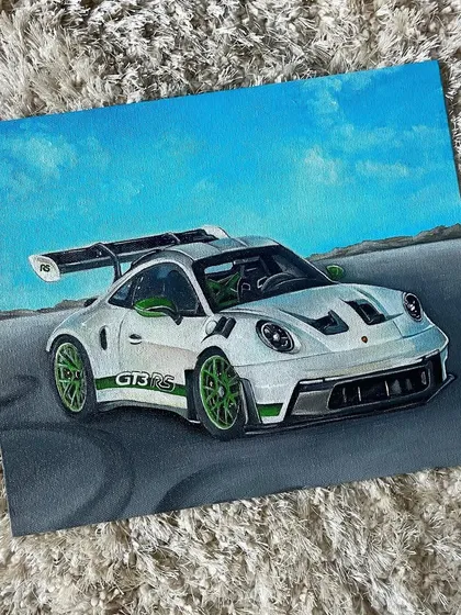 For all the car lovers out there, I create detailed portraits of your favorite vehicles. This acrylic on canvas painting features the iconic Porsche GT3 RS, capturing all its sleek lines and powerful presence.