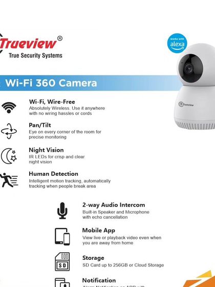 The Trueview Smart Wi-Fi 360 camera is a feature-packed device for indoor surveillance. It offers pan-tilt functionality, night vision, human detection, and two-way audio to help you keep an eye on your home.