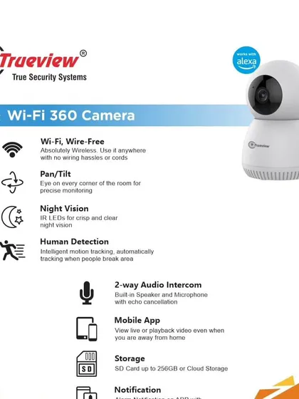 This Trueview camera is packed with features, including night vision, human detection, two-way audio, and support for up to a 256GB SD card. It's an all-in-one indoor security solution.