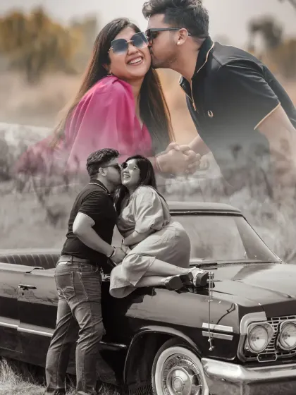 A creative collage showing the couple's fun and romantic moments with a vintage car in Goa. The mix of color and black-and-white adds an artistic touch.