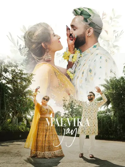 A creative double-exposure portrait from a Haldi ceremony, blending a playful shot of the couple with a more formal one, all in vibrant yellow tones.