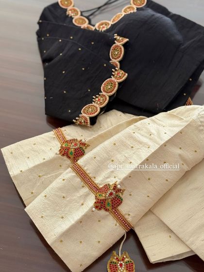 A combination of the black and off-white blouses, showing the versatility of the designs.