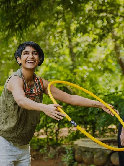 I love seeing the moment it just 'clicks' for someone. This snapshot from a hoop session captures the pure joy of learning and playing. My workshops are for everyone, especially if you think you can't dance.
