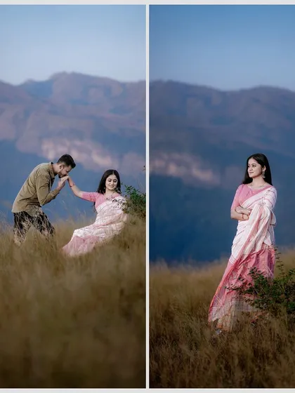 A pre-wedding shoot set against the majestic mountains of Karnataka. The groom kissing the bride's hand is a timeless romantic gesture, perfectly framed by the landscape.